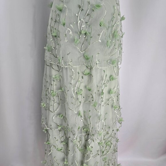 Dessy Collection Strapless Green 3D Embroidered Sequin Tiered Maxi Dress Sz 14R - Picture 5 of 14